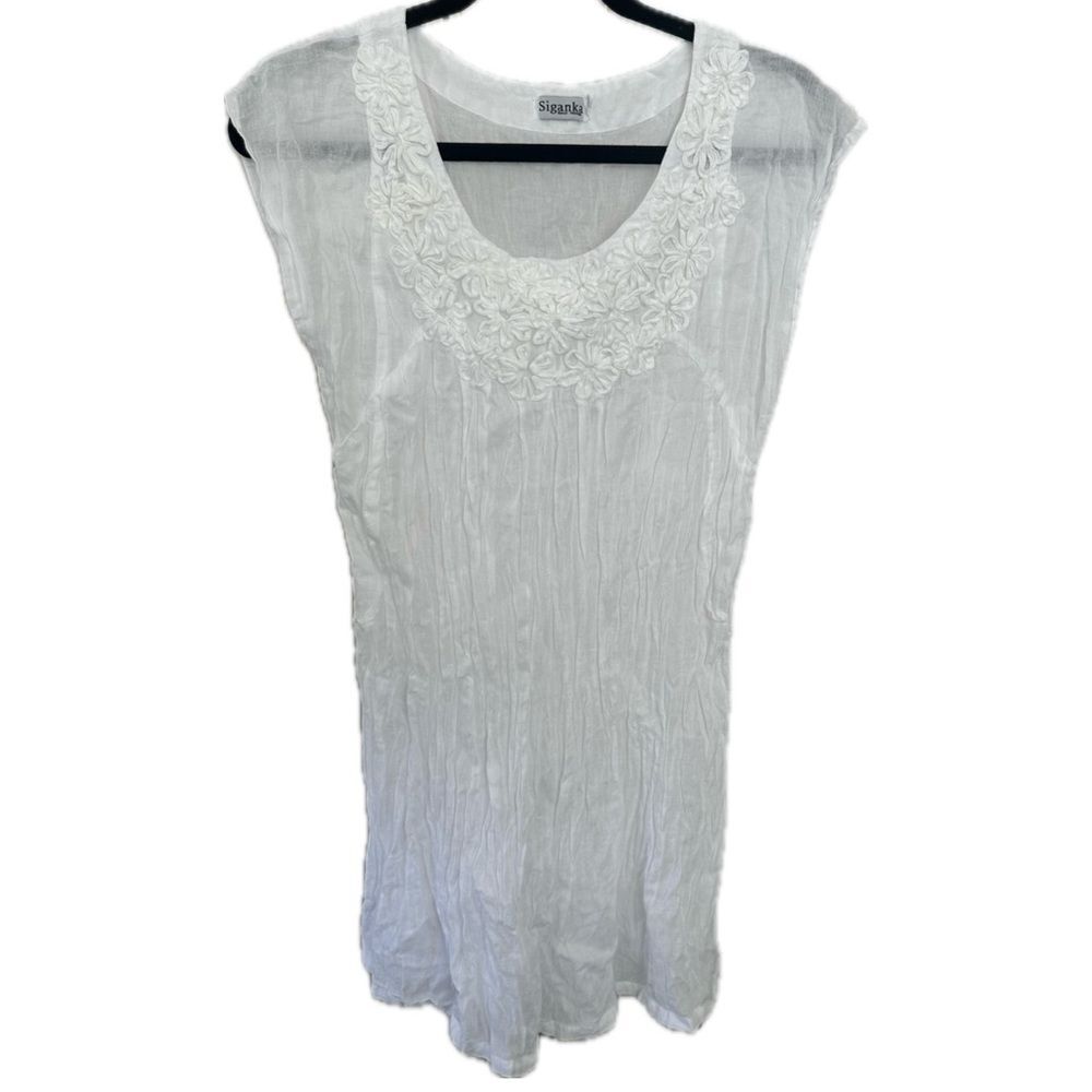 Siganka Maui Hawaii 100% Cotton Bohemian White Floral Embellished Sheer Dress M